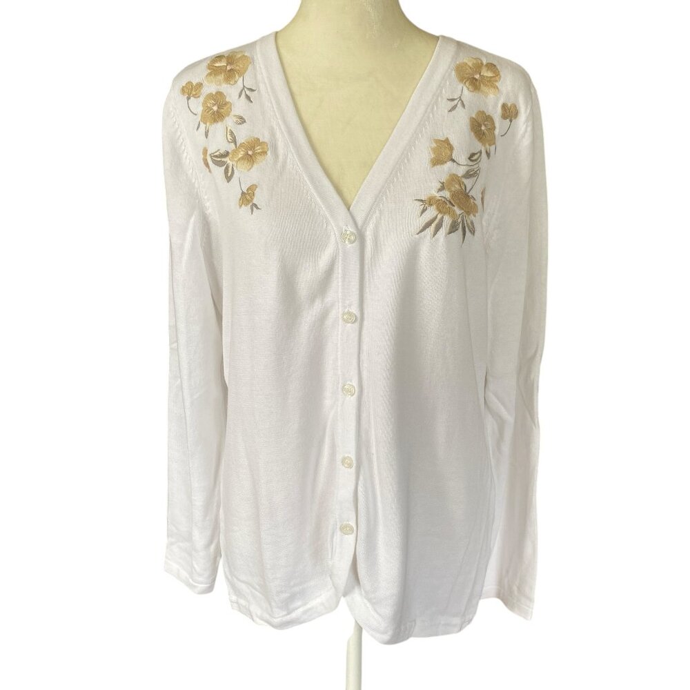 Isaac Mizrahi white long sleeve button down v-neck floral stretchy sweater S